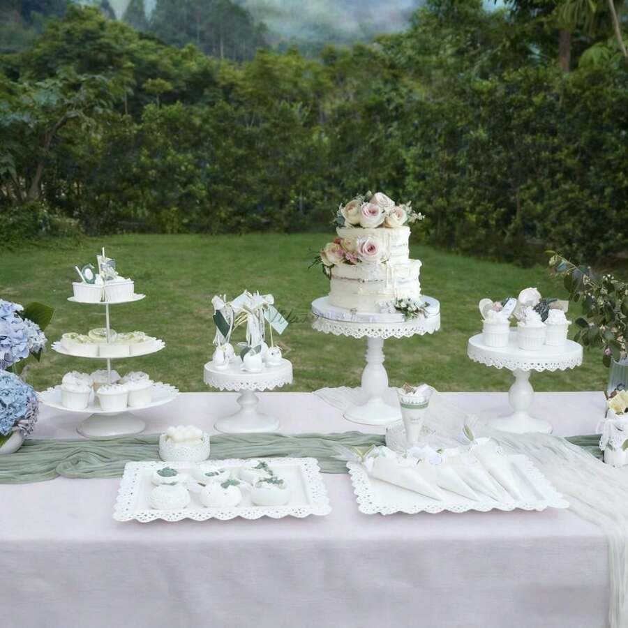 8-Piece Dessert Table Display Set: Romantic Golden Round Cake Stand & Cupcake Tower For Birthday Parties, Weddings & Baby Showers, Gold/Cream White,Christmas Decorations For Home,Christmas Decor,Funny Gifts - 白色 - 查看 1