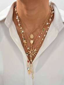Set de 6 collares con colgantes de metal vintage en forma de cruz, retrato y sol; Set de collares con colgantes de cristal de colores estilo bohemio, adecuado para uso diario, vacaciones, fiestas, citas de mujeres, regalo de vacaciones para amigos - Amarillo Oro - Ver 3