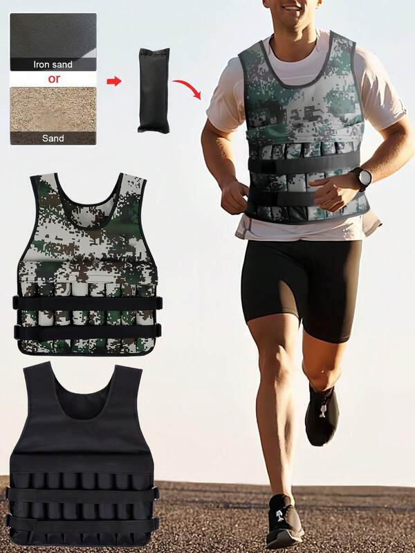 1 pieza Chaleco con peso ajustable, carga máxima 20kg/44lbs, adecuado para entrenamiento muscular, acondicionamiento físico, pérdida de peso, carrera, color camuflaje/negro para hombres y mujeres, chaleco con peso ajustable para entrenamiento, ejercicio aeróbico y entrenamiento de fuerza