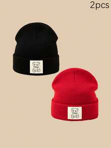 1/2/3pcs Unisex Line Bear Print Knit Beanie Hat, Soft Warm Casual Outdoor Fashion Headwear, Suitable For Daily Wear