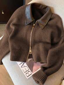 Vera Lane 女士秋冬韩版复古PU领街头风波西米亚朋克双向拉链羊毛外套圣诞毛衣