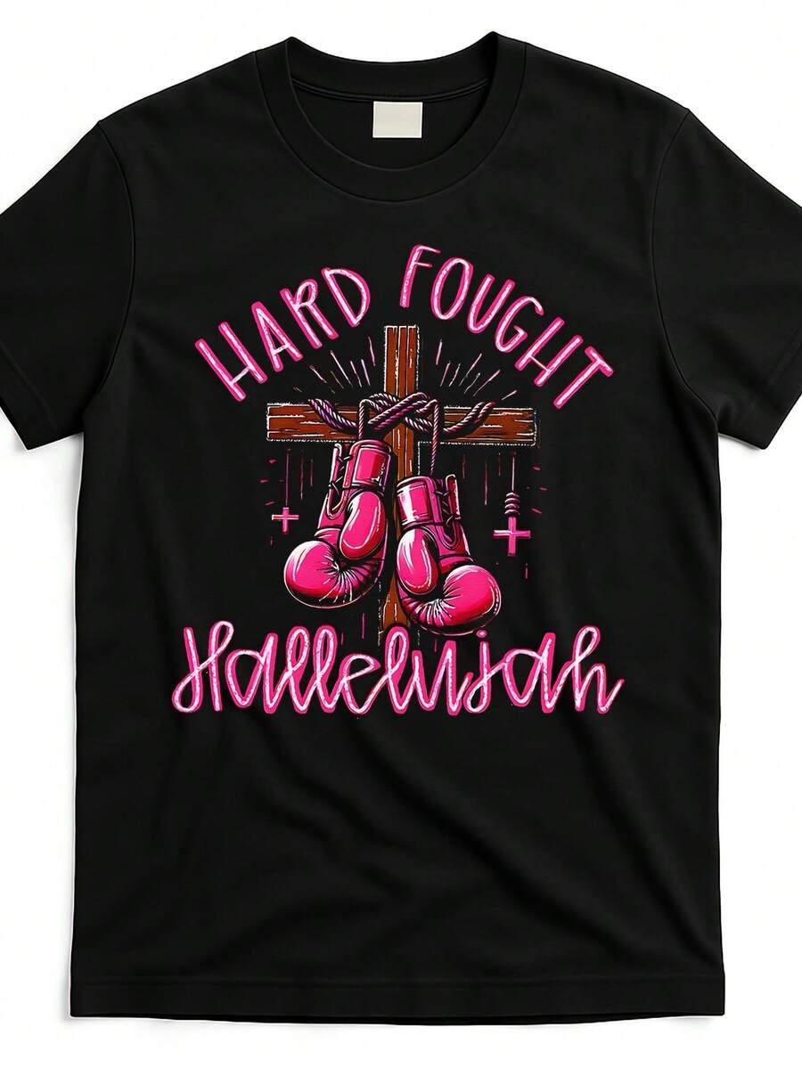 Brandon Unisex Black "Hard Fought Hallelujah Praise Jesus" Graphic T-Shirt - 220GSM Heavyweight Cotton Short Sleeve Tee With Boxing Gloves & Cross Design, Casual Religious Apparel For Men & Women, Boxing T Shirt, Everyday Comfort, Bold Print Shirt, Durable Print Quality - 黑色 - 查看 1