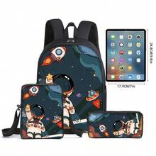 宇航员图案印花16英寸背包三件套（单层背包+小挎包+单层笔袋） - 黑色 - 查看 3
