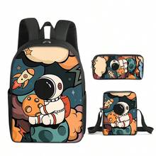 宇航员图案印花16英寸背包三件套（单层背包+小挎包+单层笔袋） - 黑色 - 查看 9