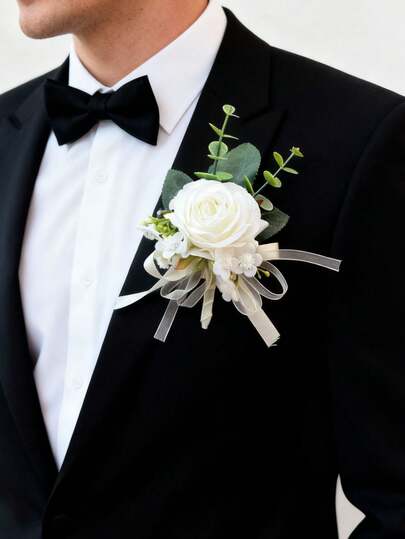 1 قطعة/6 قطع زهرة وردة عاجية اصطناعية بوتونييرة للعريس والأخ والخريج دبوس بدلة حفل الزفاف ديكور الحفلات