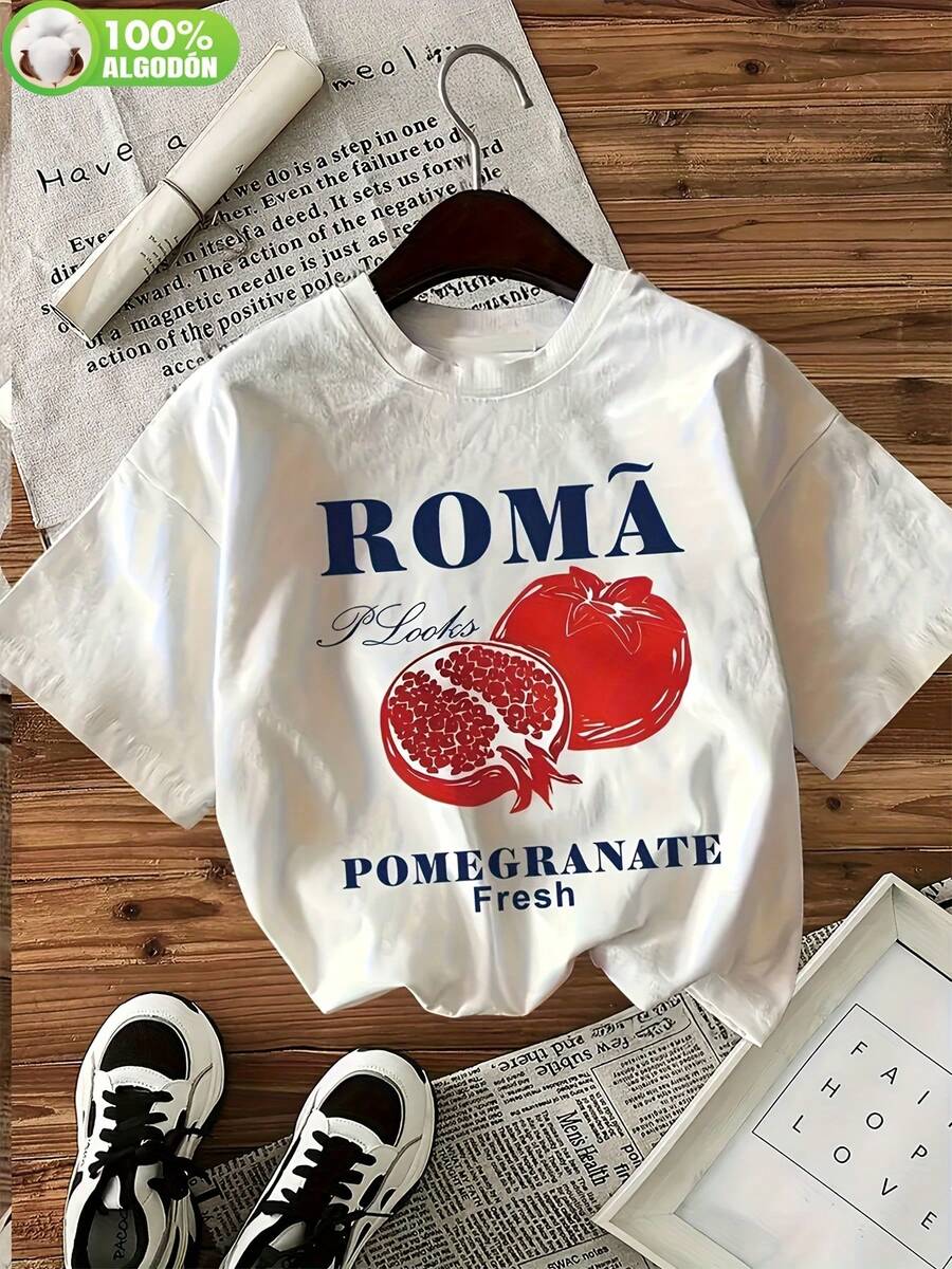 Camiseta-casual-de-manga-corta-para-mujer---Mezcla-de-poliéster-ligero,-cuello-redondo,-diseño-de-mapa-geométrico-con-texto--ROMA--y--Pomegranate-Fresh-,-camiseta-casual-de-verano-para-atuendos-i 100% algodón