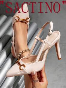 Nuevas sandalias de tacón alto de punta fina para mujer, color albaricoque, elegantes y elegantes, con diseño de hebilla ajustable, talón abierto, moda de verano con tacón fino, adecuadas para ir al trabajo, citas, fiestas, bodas y uso diario - Albaricoque - Ver 2