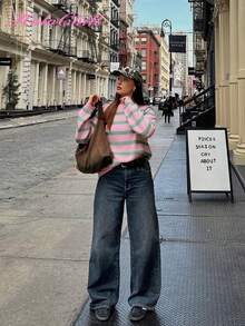 Christmas HoloChill Women Young Influencer Casual Style Colorblock Striped Crew Neck Pullover Knit Sweater, Autumn/Winter 2025 New Year