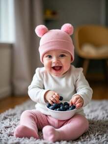 1 pieza Gorro de punto cálido de otoño/invierno con diseño lindo de doble bola esponjosa, gorro adecuado para bebés recién nacidos.