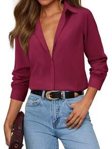 Button Down Shirts Women Dress Shirt Cotton Long Sleeve Collared Business Work Office Blouse Top (Note: Here, "Siliteelon" Is Assumed To Be A Brand Name So It Is Omitted, And Popular Word "" Is Added Optimization) - 酒紅色 - 查看 12