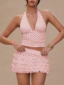 Polka Dot Shorts Sets Women 2 Piece Outfits Halter V Neck Backless Tank Top And Foldover Shorts Y2k Matching Set - 粉色 - 查看 2