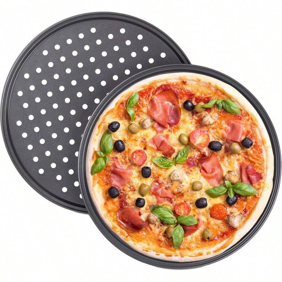 Baking Tools Round Carbon Steel Punching Pizza Mold Baking Tray, Pizza Mold Baking Tray With Holes - Black 4 Pieces - View 1