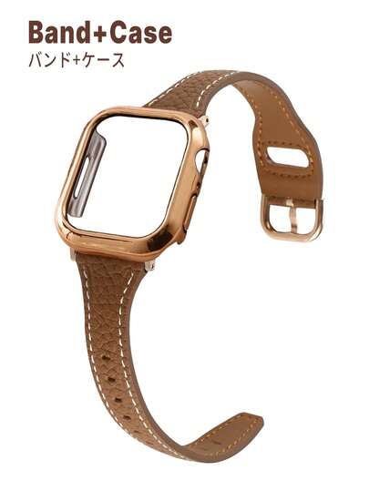 2pcs Leather Watch Band And Watch Protective Case, Rose Gold Hard PC Material Rose Gold Frame No Screen Protector Shock-Proof Scratch-Resistant Watch Protective Case, Paired With Soft Comfortable Brown Lychee Grain Leather Band, Compatible With IWatch SE/S10/Ultra 3/2/1 Series, S11/S9/S8/S7/S6/S5/S4/S3/S2/S1 Series, 38mm/40mm/41mm/42mm/44mm/45mm/46mm/49mm