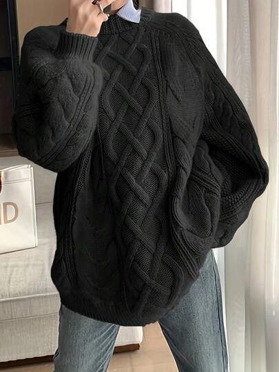Plus Size Solto Casual Gola Redonda Manga Longa Suéter de Malha
