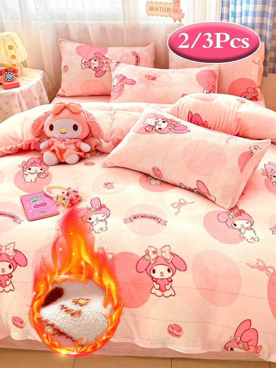 2-3 piezas Juego de ropa de cama Sanrio Hello Kitty/Kuromi/Cinnamoroll/Pochacco/My Melody, (1 Funda nórdica + 1/2 Funda de almohada), Funda nórdica de terciopelo de leche, Juego de ropa de cama cálido y suave para cama individual/doble, Adecuado para dormitorio de estudiante, dormitorio del hogar (Sin relleno)