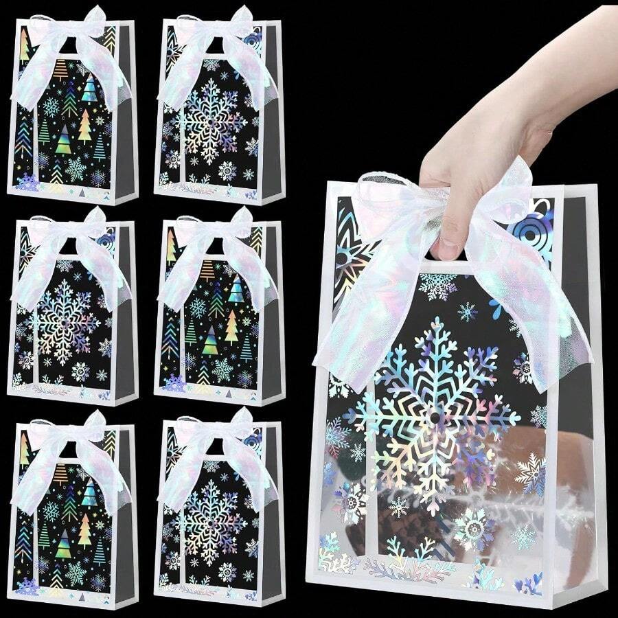 QY- 24 Pcs Clear Christmas Snowflake Gift Bags Winter Frozen Party Favors Bags Plastic Candy Goodie Treat Tote With Die Cut Handle And Iridescent Ribbon For Xmas Party Gift Holographic Silver -5691 - 全息銀 - 查看 1