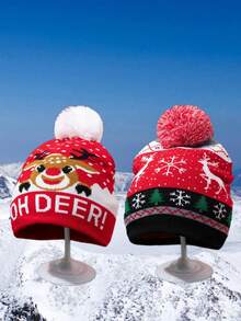 1 件，新款，秋季，冬季，黑色，红色，字母，提花，圣诞老人，麋鹿，毛球，针织帽，圣诞节，新年，保暖，时尚，男士，女士，无檐帽 - 彩色 - 查看 3