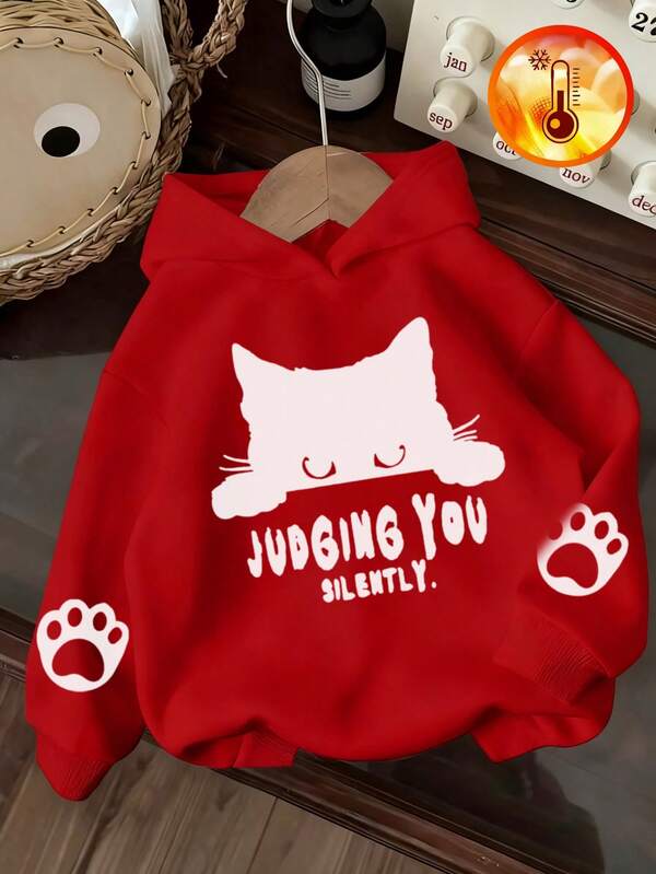 1 szt. Dziewczęca bluza z kapturem i uroczym nadrukiem kota, luźny krój, podszewka termiczna, odzież młodzieżowa na jesień/zimę