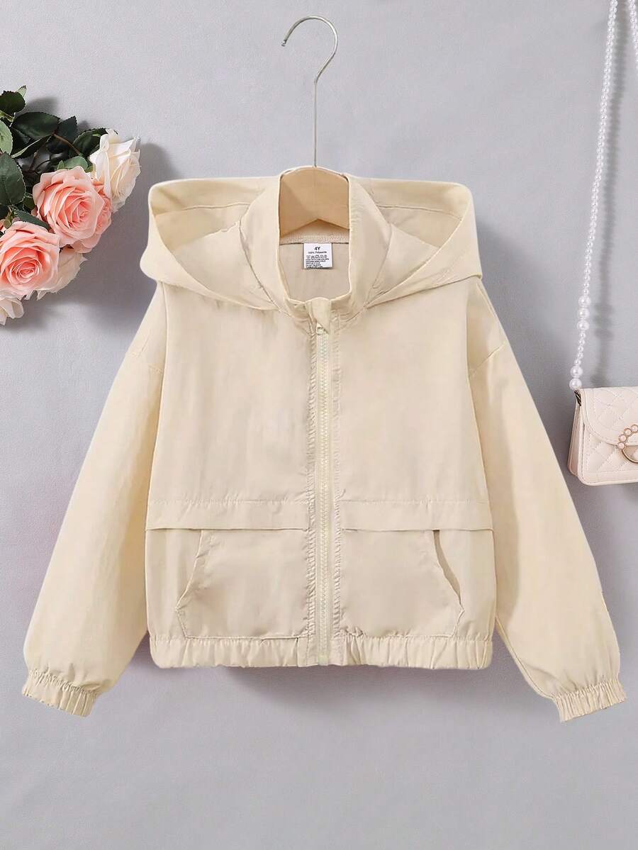 Girls' Spring/Autumn Fashionable Minimalist Hooded Zip-Up Long Sleeve Jacket, Casual Outdoor & Hiking Wear With Pockets - Apricot - View 1