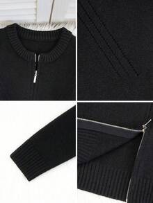Casual Slim Fit Round Neck Double Zipper Women Knitted Cardigan Short Jacket, Autumn/Winter