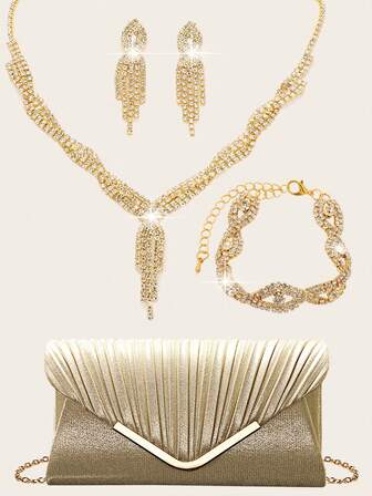 Smyckeset med strass, bling, halsband, örhängen, armband, set för kvinnor, aftonväska, brudväska, bröllop, glittrande kuvertväska för kvinnor, balväska med avtagbar metallkedja, för bröllop och fest, axelväska för kvinnor, kuvertväska för damer, handväska för kvinnor, mångsidig glitterväska, cocktailparty, bröllop, ny plånbok, bankettväska för brud och brudtärnor