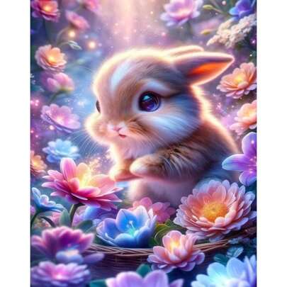 5D Diamond Painting Kit For Beginners - Round Diamond Art Craft Set, Anime Rabbit And Floral Design, DIY Canvas Diamond Painting Kit, Home Wall Decor Gift, 12x16inch Frameless