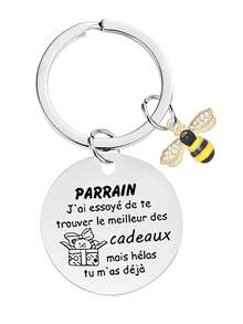 1pc Stainless Steel Godfather Keychain, French Engraved Text, Handprint Pendant, Round Ring With Engraved Text Christmas Gift Ideas - Silver - View 16
