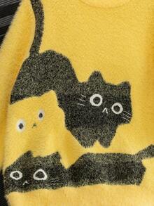 Girls' Cute Cat Pattern Faux Fur Knit Pullover Sweater, Suitable For Casual Everyday Wear, Spring/Autumn/Winter - Yellow - View 4