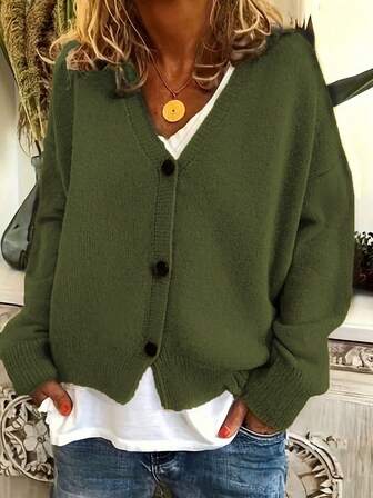 加大落肩纽扣前开衫