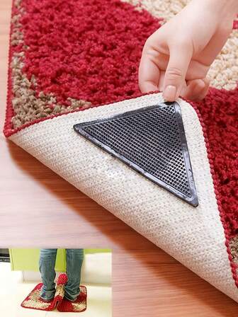 4pcsRug Grippers For Hardwood Floors, Washable Carpet Tape For Area Rugs Non Slip Rug Pads For Tiles Laminate Floor, Double Sided Tape Keep Corners In Flat(Randomly Either One Side With Holes Or Two Smooth, Hole-Free Sides)