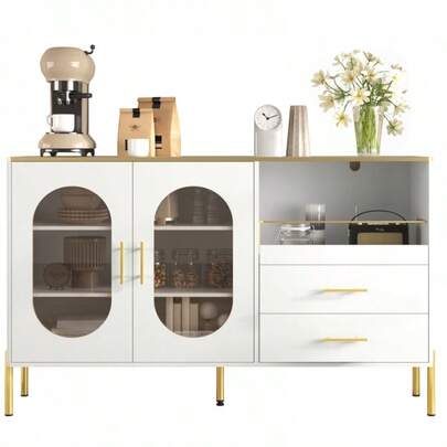 Elegant Sideboard With 2 Drawers And 2 Glass Doors – Modern Chest Of Drawers In White With Gold Details – Plenty Of Storage Space – For The Living Room, Dining Room Or Hallway