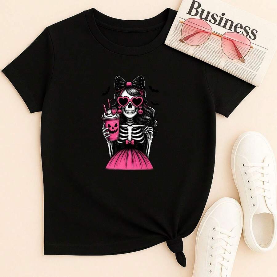 Camiseta Feminina Blusa Gótica Caveira Rosa Skull Diva Estilo Fashion Rock - Preto - Visão 1