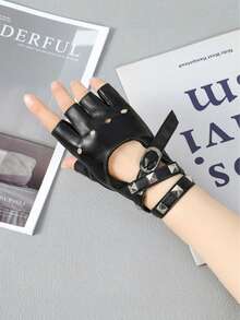 哥特朋克露指手套 - 铆钉皮革，腕部系带设计，适合钢管舞/夜店/锐舞派对，暗黑美学动漫风格，另类时尚，暗黑文化，场景风格，工业哥特，可爱哥特风夏季 - 彩色 - 查看 6