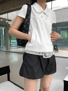Quần short nữ kẻ sọc tối giản kiểu Hàn Quốc, màu đen mùa hè. - màu đen - Xem 3
