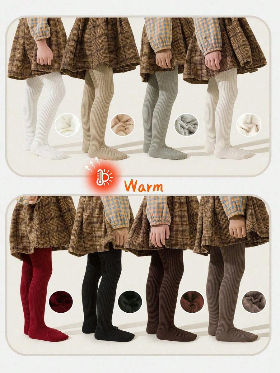 2pcs Girls/Infants/Toddlers Thin Fleece Leggings, Solid Color Classic Simple Warm Tights, Skin-Friendly Soft Comfortable Thin Fleece Leggings, Suitable For Autumn/Winter Daily Wear, Holidays, School Outfit, Random Color - Multicolor - View 1