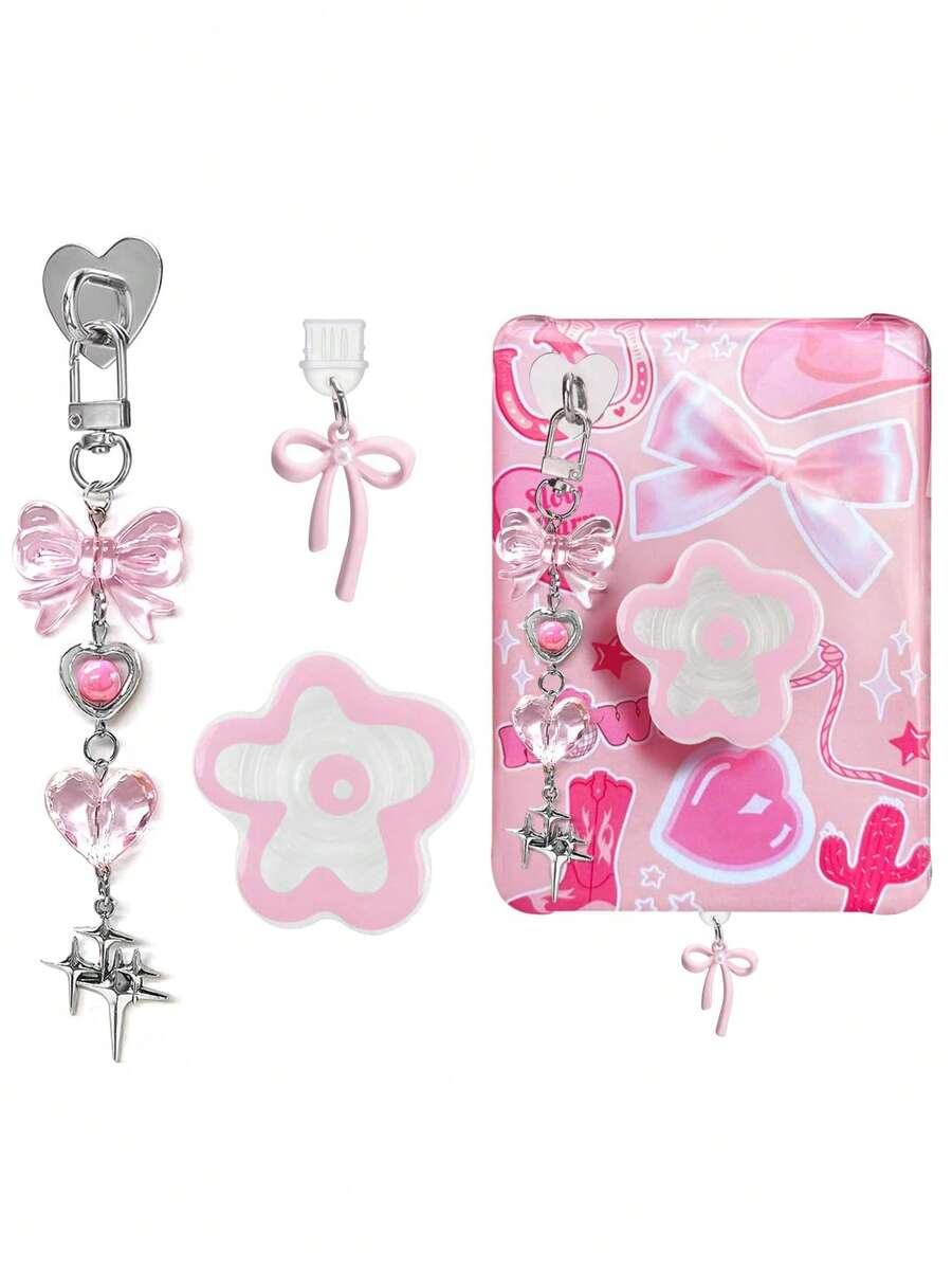 Pink Decoration Set For Kindle E-Reader, Including Dust Plug Pendant And E-Reader Stand - Multicolor - View 1