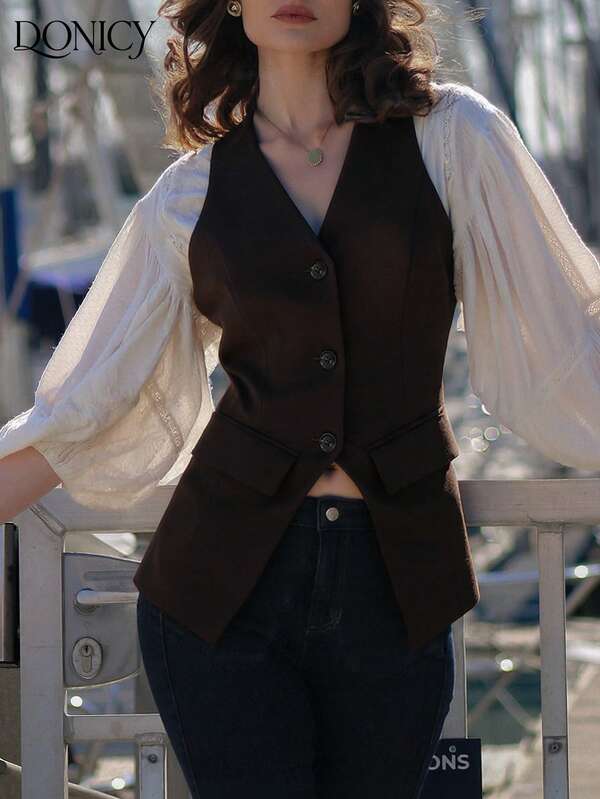 DONICY Gilet sans manches à col en V de couleur unie pour femmes, avec doublure et poches, taille cintrée. Vêtement polyvalent, élégant et vintage minimaliste, convenant pour les occasions casual, professionnelles, sorties, shopping, fêtes, Noël et Nouvel An