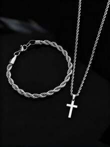 Set de 2 piezas de pulsera y collar de acero inoxidable trenzado, set de joyería con elemento de cruz, accesorios de moda minimalistas para uso diario, set de joyería versátil para hombres