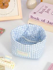 1pc Stylish Plaid Pattern Desktop Storage Basket, Desk Organizer Basket For Makeup Brushes, Cosmetics, Decorative Items, Earphones, Lipsticks, Portable For Picnic - Multicolor - View 17