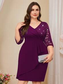 Đầm dự tiệc cocktail ôm sát người, cổ chữ V, đính sequin và ren hoa, tay lỡ 3/4, viền bèo nhún tương phản, kiểu quấn gấu, thanh lịch, bán formal, thích hợp cho khách dự đám cưới, sinh nhật, tốt nghiệp, lễ hội mùa xuân. - Màu Tím - Xem 5