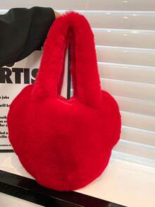 1pc Fluffy Heart Shaped Large Shoulder Bag, Zipper Closure, Handheld Or Shoulder Strap, Suitable For Vacation, Daily Shopping, Gift For Mom, Autumn/Winter
