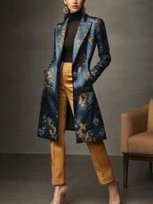 Women's Elegant Peaked Lapel Printed Long-Sleeved Mid-Length Suit Jacket Coat - Navy Blue - View 4