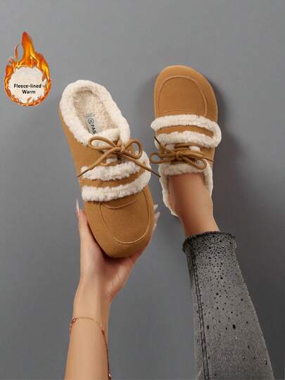 Women's Faux Suede Lace-Up Clog Slippers - Comfortable Warm Faux Fur Trimmed Mule Slippers, Ideal For Casual, Daily Wear And Retro Cold Season Styles, Casual Soft Fleece Indoor