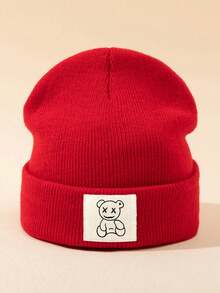 1/2/3pcs Unisex Line Bear Print Knit Beanie Hat, Soft Warm Casual Outdoor Fashion Headwear, Suitable For Daily Wear
