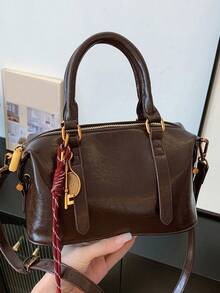 Fashionable And High-Quality Daily Versatile Handbag, Niche Design And High-Value Boston Bag, Equipped With A Key Pendant, Retro And Popular Simple Solid Color Women's Shoulder Bag, Crossbody Bag, Suitable For Dating, Dining, Going Out And Commuting - Coffee - View 7