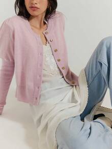 Women's Fall Winter Knit Cardigan Stylish Ribbed Trim Button Down Crew Neck Long Sleeve Sweater Jacket - Pink - View 3