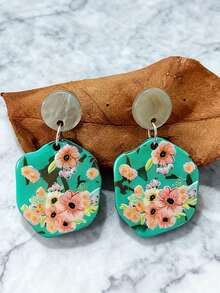 1 Paar elegante, handbemalte, asymmetrische Blumen-Ohrringe in Grün für Frauen, künstlerisch und retro, handgemalt, floral, natürliches Gefühl, geeignet für den täglichen Gebrauch von Mädchen, Ohrstecker weniger anfällig für Allergien (ohne Karton)