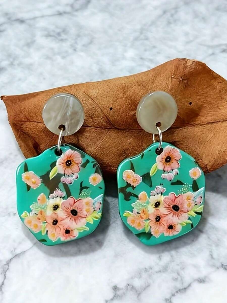 1 Paar elegante, handbemalte, asymmetrische Blumen-Ohrringe in Grün für Frauen, künstlerisch und retro, handgemalt, floral, natürliches Gefühl, geeignet für den täglichen Gebrauch von Mädchen, Ohrstecker weniger anfällig für Allergien (ohne Karton)