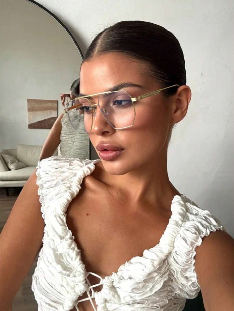 1 副男女通用经典复古飞行员透明镜片金属眼镜 - 金色 - 查看 1