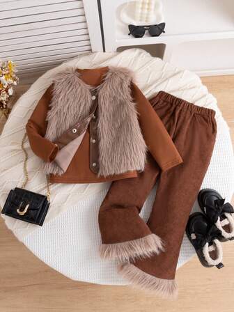 3pcs Girls Autumn/Winter Fashionable Furry Vest Jacket + Khaki Long Sleeve T-Shirt + Flared Pants 3 PiecesOutfit, Suitable For Daily, Outdoor, School, Party, Holiday, Family Gathering